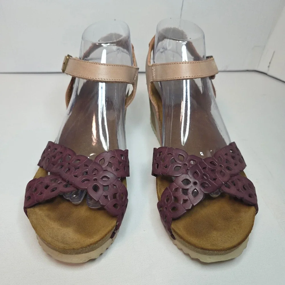 Wanda Panda Shoes Wedge Sandals Burgundy‎ Leather Cutout Cork Sole W's Size 41